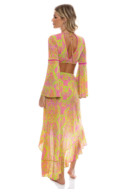 BORN TO BE WILD - Bell Sleeve Crop Top & Ruffle High Lo Slit Skirt • Multicolor