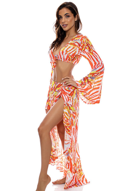 LOVE ME WILD - Bell Sleeve Crop Top & Ruffle High Lo Slit Skirt • Multicolor