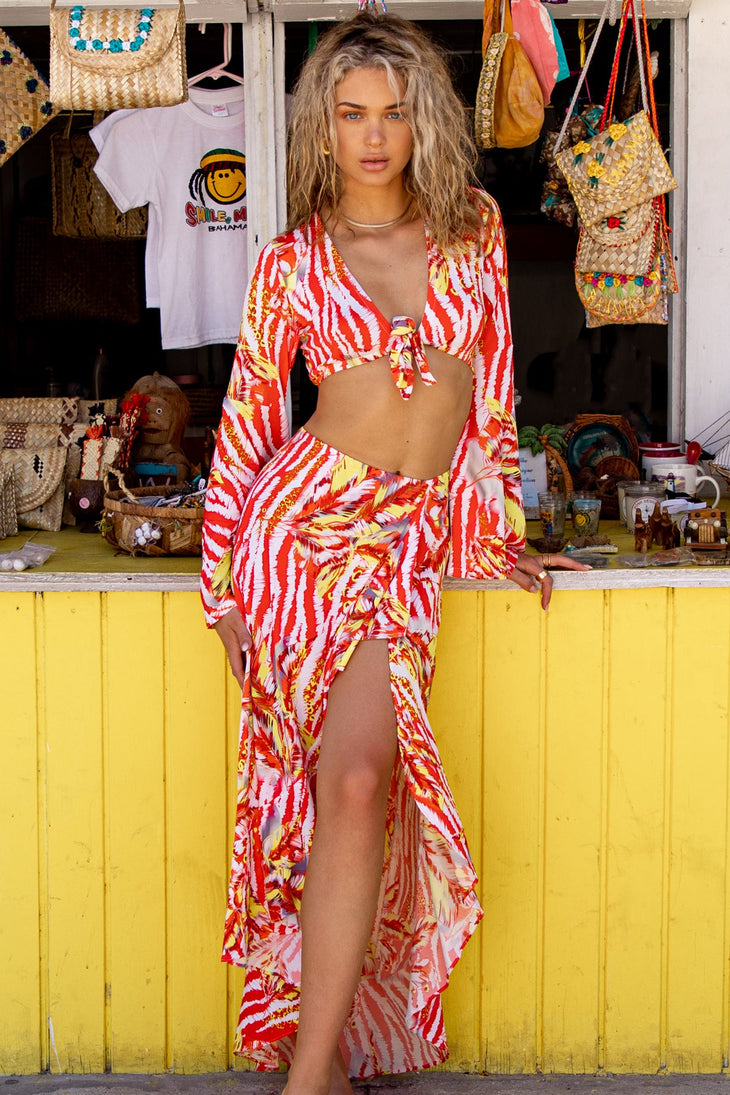 LOVE ME WILD - Bell Sleeve Crop Top & Ruffle High Lo Slit Skirt • Multicolor