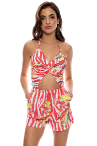 LOVE ME WILD - Front Twist Halter Short Romper • Multicolor