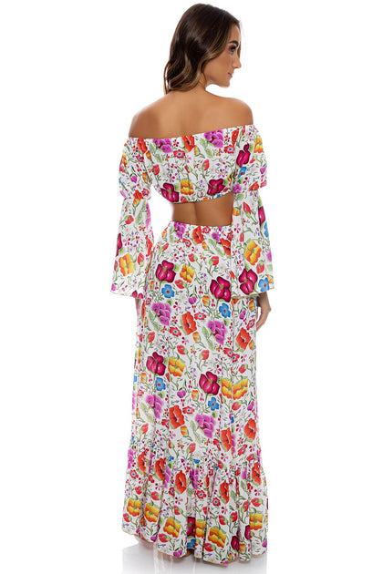 AMOR Y PLAYA - Off The Shoulder Flre Sleeve Top & Ruffle Hem Maxi Skirt • White