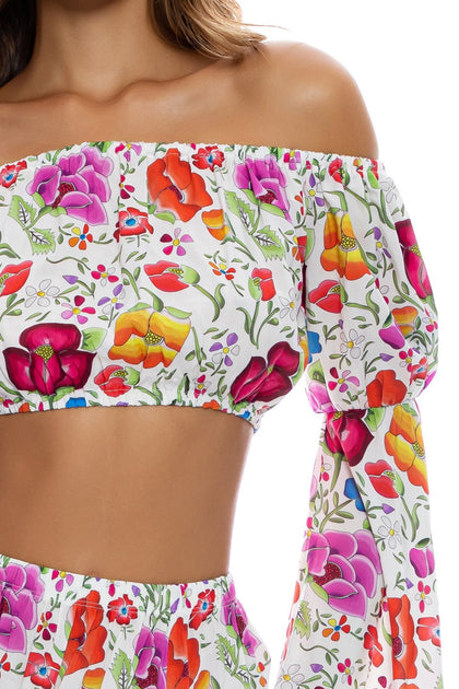 AMOR Y PLAYA - Off The Shoulder Flre Sleeve Top & Ruffle Hem Maxi Skirt • White