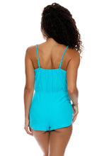 BEACH FUZZ - Spaghetti Strap Short Romper • Daydream Blue
