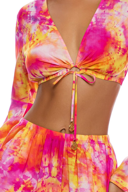 RETRO DREAM - Bell Sleeve Crop Top & Open Sides Wide Leg Pant • Multi Pink