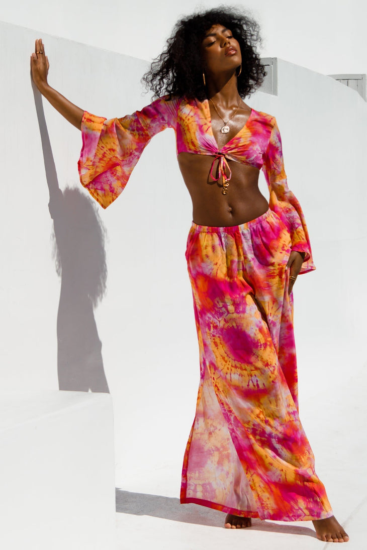 RETRO DREAM - Bell Sleeve Crop Top & Open Sides Wide Leg Pant • Multi Pink Digital Presentation