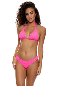 DIAMOND GIRL - Triangle Halter Top & Seamless Full Ruched Back Bottom • Shocking Pink