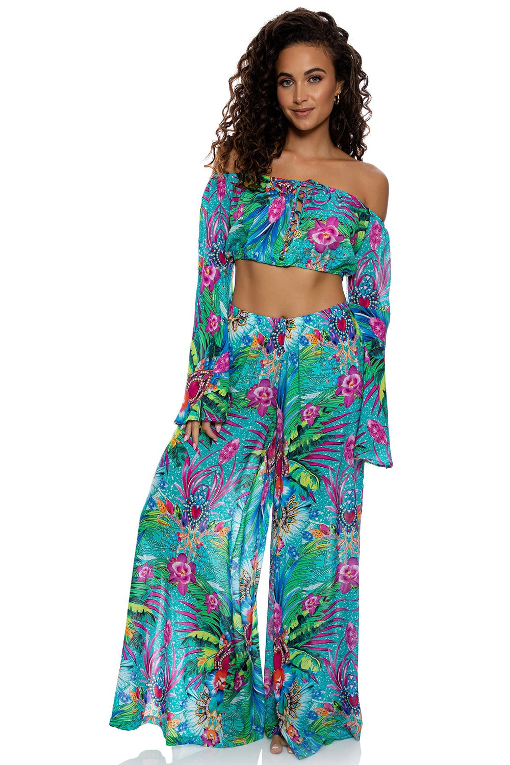 HIDDEN GEMS - Laced Up Off The Shoulder Crop Top & Open Sides Wide Leg Pant • Multicolor