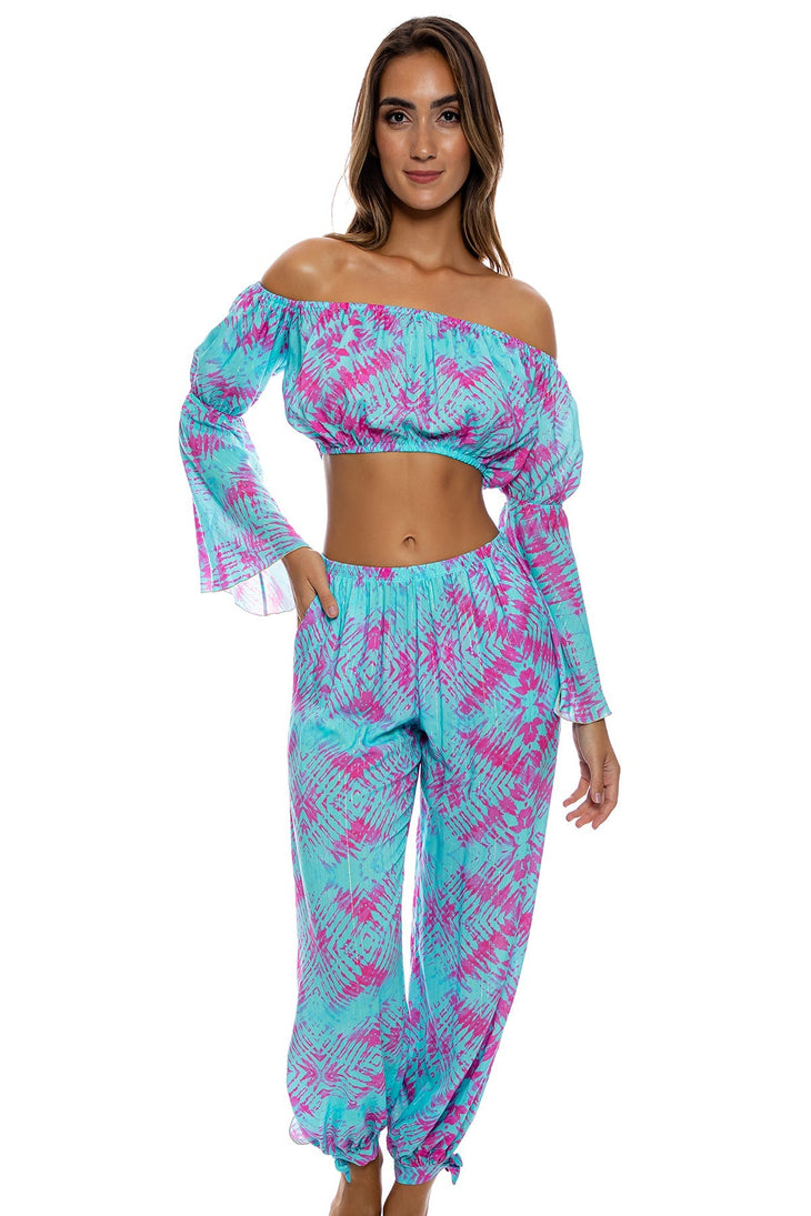 SHOCK WAVES - Off The Shoulder Flre Sleeve Top & Gipsy Split Side Pant • Multicolor