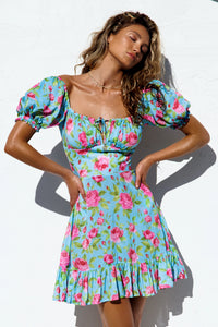 TI AMO - Ruched Square Neckline 
Dress • Aqua