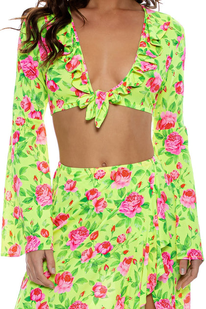 TI AMO - Ruffle Bell Sleeve Crop Top & Ruffle High Lo Slit Skirt • Radiant Yellow