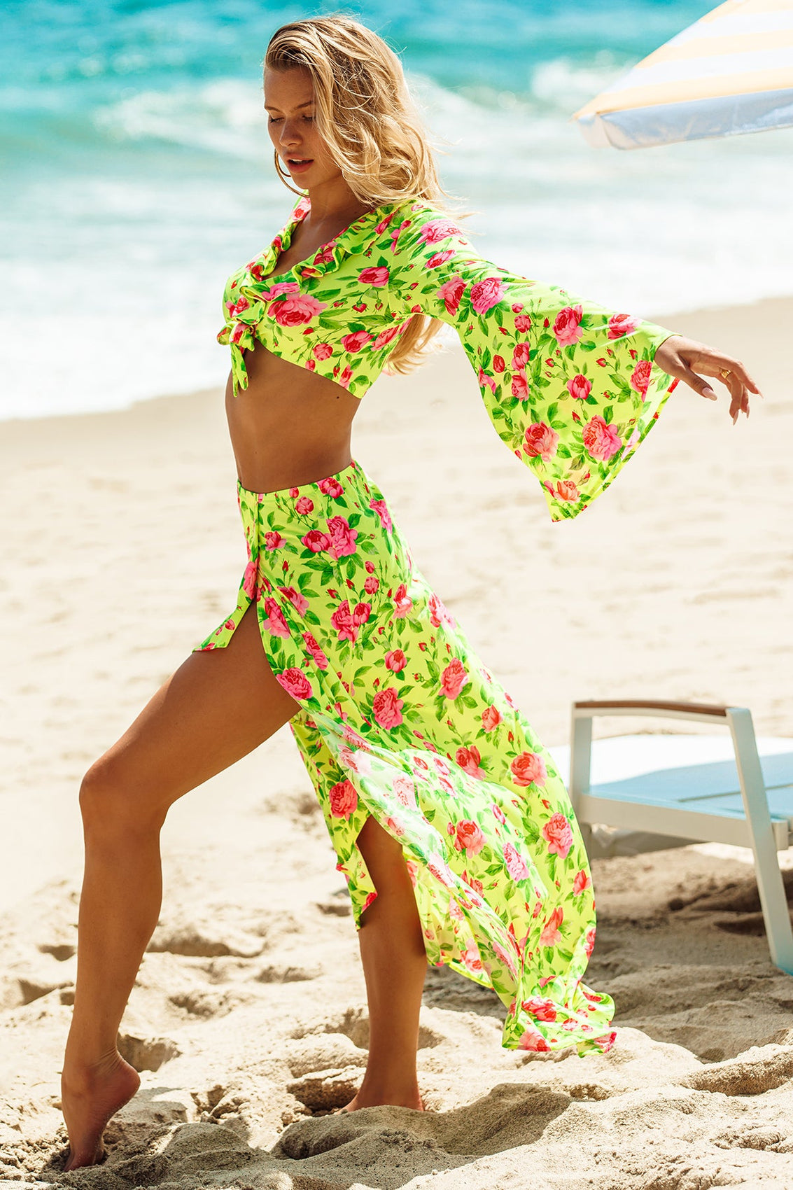 TI AMO - Ruffle Bell Sleeve Crop Top & Ruffle High Lo Slit Skirt • Radiant Yellow