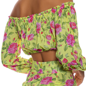 TI AMO - Ruffle Laced Up Open Shoulders Crop Top