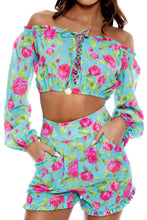 TI AMO - Ruffle Laced Up Open Shoulders Crop Top & Ruffle Short • Aqua