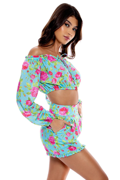 TI AMO - Ruffle Laced Up Open Shoulders Crop Top & Ruffle Short • Aqua