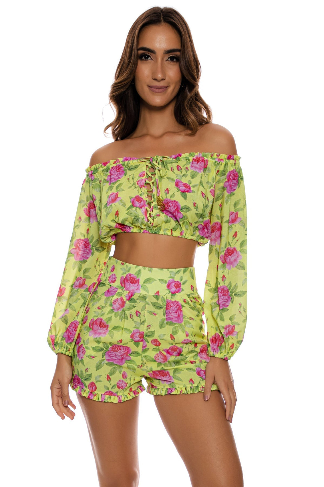 TI AMO - Ruffle Laced Up Open Shoulders Crop Top & Ruffle Short • Radiant Yellow