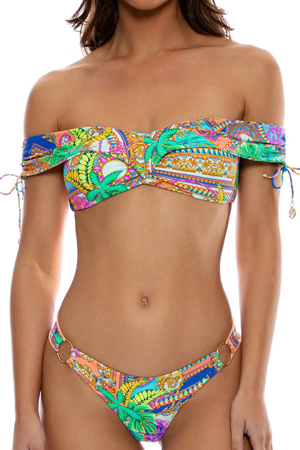 POSITANO - Off The Shoulder Top & Ring Seamless Wavy Ruched Back Bottom • Multicolor