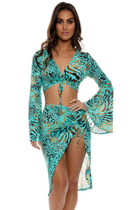 ANIMALE - Bell Sleeve Scrunched Crop Top & Drawstring Tulip Skirt • Aqua