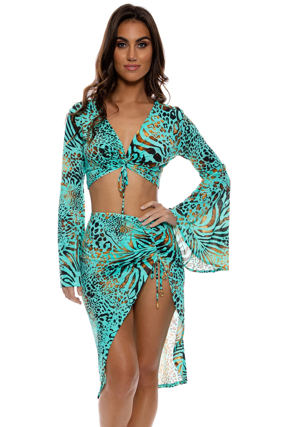 ANIMALE - Bell Sleeve Scrunched Crop Top & Drawstring Tulip Skirt • Aqua