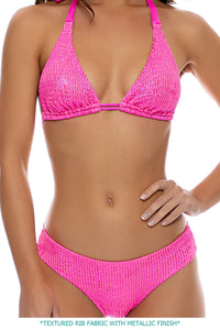 BELLA - Triangle Halter Top & Seamless Full Ruched Back Bottom • Metallic Hot Pink