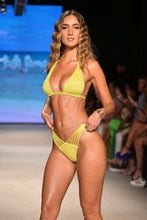 CHASING STARS - Sequins Triangle Halter Top & Sequins Multi Strap Brazilian Bottom • Neon Yellow Runway