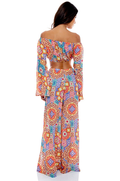 RETRO LULI - Laced Up Off The Shoulder Crop Top & Open Sides Wide Leg Pant • Multicolor