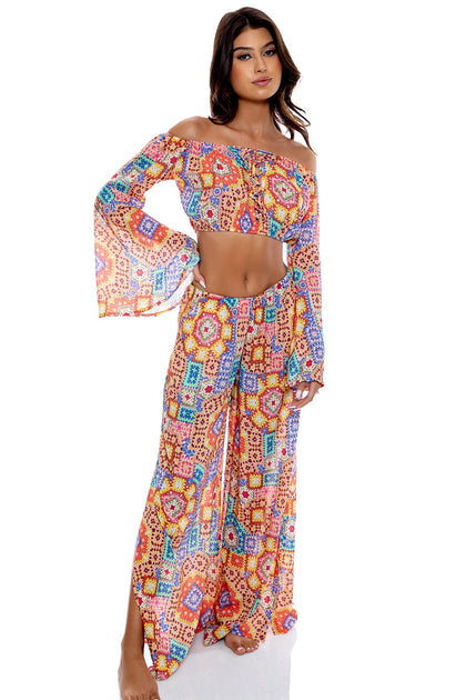 RETRO LULI - Laced Up Off The Shoulder Crop Top & Open Sides Wide Leg Pant • Multicolor
