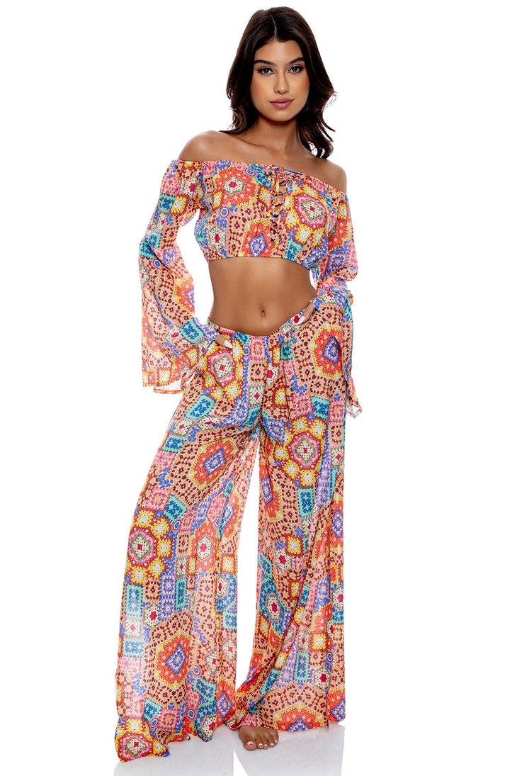 RETRO LULI - Laced Up Off The Shoulder Crop Top & Open Sides Wide Leg Pant • Multicolor