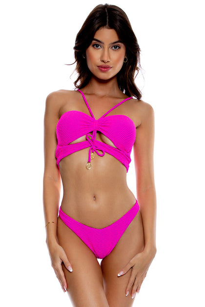AMAZONIA - Drawstring Halter Peek-a-boo Cropped Top & High Leg Brazilian Bottom • Pink Orchid