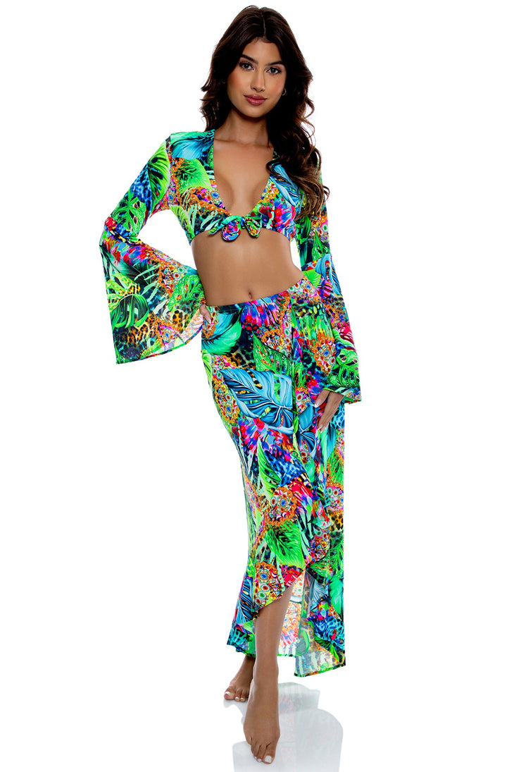 LULI'S SELVA - Bell Sleeve Crop Top & Ruffled High Lo Slit Skirt • Multicolor