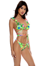 LULI TROPICS - Ruffle Deep V Wrap Triangle Top & High Leg Peek A Boo Ring Bottom • Multicolor