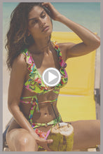 LULI TROPICS - Ruffle Deep V Wrap Triangle Top & High Leg Peek A Boo Ring Bottom • Multicolor