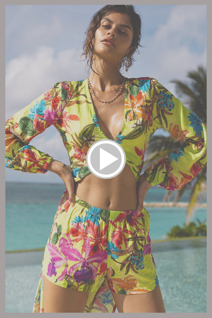 LULI TROPICS - Long Sleeve Duster Blouse Top & Elastic Waist Short • Multicolor