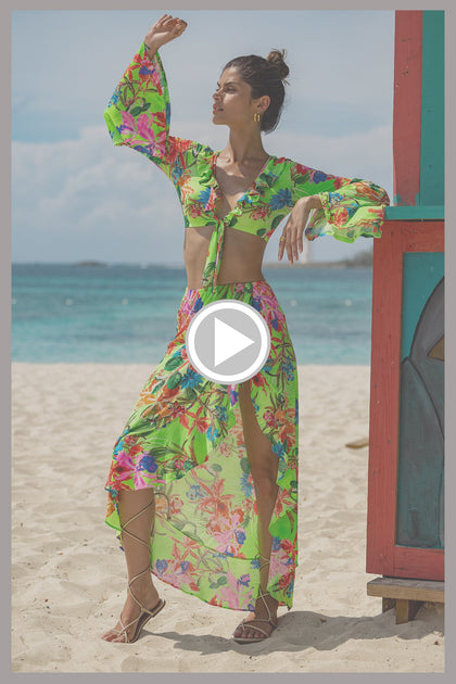 LULI TROPICS - Bell Sleeve Crop Top & Ruffled High-lo Slit Skirt • Multicolor