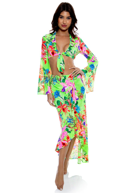 LULI TROPICS - Bell Sleeve Crop Top & Ruffled High-lo Slit Skirt • Multicolor
