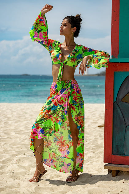 LULI TROPICS - Bell Sleeve Crop Top & Ruffled High-lo Slit Skirt • Multicolor