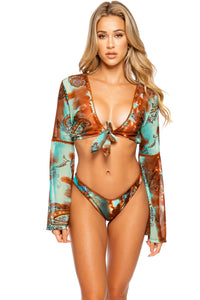 SWEET EUPHORIA - Stitched Bell Sleeve Crop Top & High Leg Brazilian Bottom • Multicolor