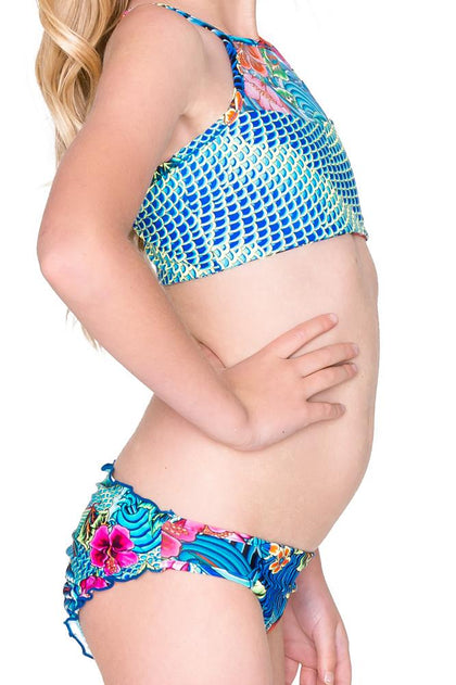 INKED BABE - Ink Mesh High Neck Top Ruched Back Bikini • Multicolor